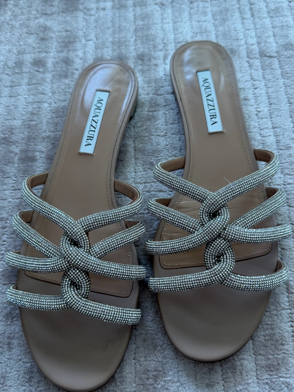 Aquazzura Nude Crystal-Knot Slide Sandals